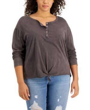 Rebellious One Ladies Charcoal Gray Twist Front Quarter Button Up Top, Size 3X